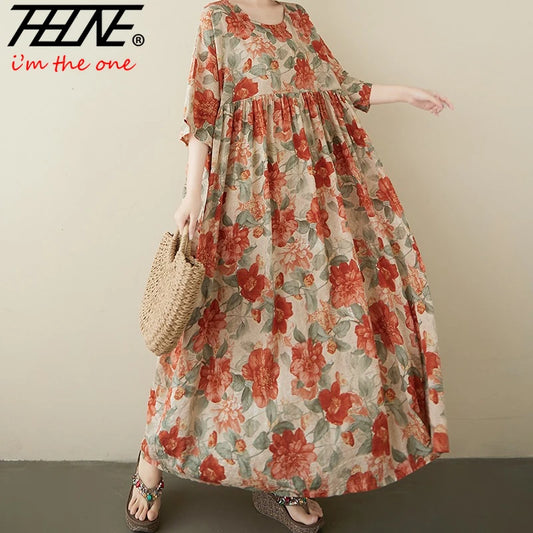 Plus Size Bohemian Print Maxi Long Dress for Women Floral Casual Cotton Linen Loose Vintage Vestidos Para Mujer Robe Dresses