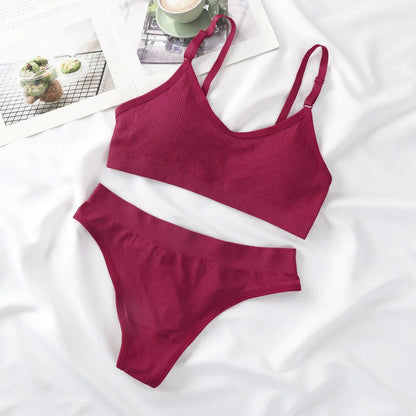 Women Seamless Bra And Panties Set Sexy Lingerie High Waist Thong Comfy Wire Free Bra Female Solid Color Ribbed Underwear Set