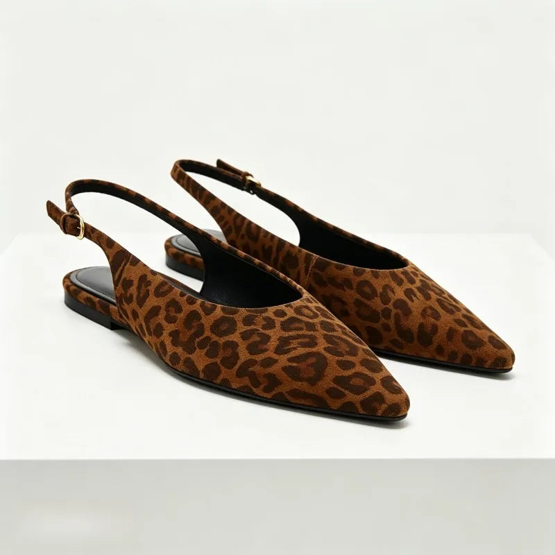 Animal Print Leather Slingback Shoes for Women Sexy Pointed-toe Flat Sandals for Ladies Back Strap Buckle Comfortable Women Shoe