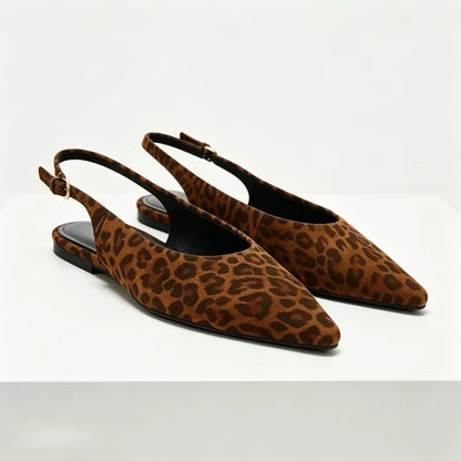 Animal Print Leather Slingback Shoes for Women Sexy Pointed-toe Flat Sandals for Ladies Back Strap Buckle Comfortable Women Shoe