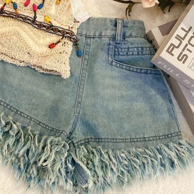 2025Girls' Summer New Hollow Vest Camisole Denim Shorts Three-Piece Set