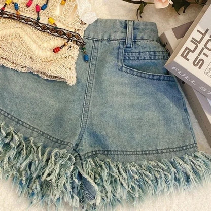 2025Girls' Summer New Hollow Vest Camisole Denim Shorts Three-Piece Set