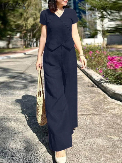 Women Pant Sets 2024 ZANZEA Summer V-neck Short Sleeve Tops Trousers Suits Casual 2PS Solid Work Outfits Fashion OL Tracksuits
