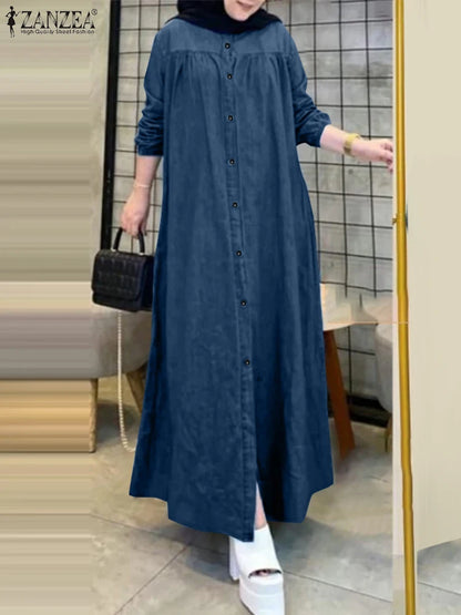 ZANZEA Ramadan Hijab Dresses Muslim Abaya Robe Femme Casual Long Sleeve Kaftan IsIamic Vestidos Women Denim Blue Maxi Dress 2025