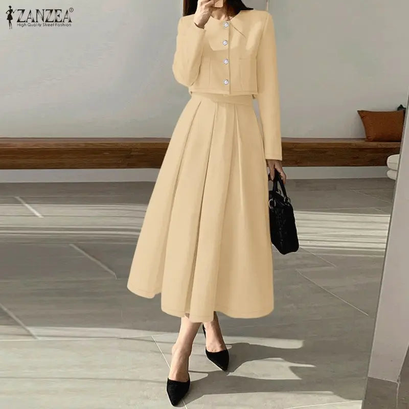 ZANZEA Fashion Women 2 Piece Sets Spring Autumn Office Outfits 2026 Elegant Long Sleeve Blouse Dress Suit Solid A Line Skirt Set
