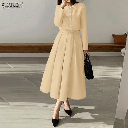 ZANZEA Fashion Women 2 Piece Sets Spring Autumn Office Outfits 2026 Elegant Long Sleeve Blouse Dress Suit Solid A Line Skirt Set