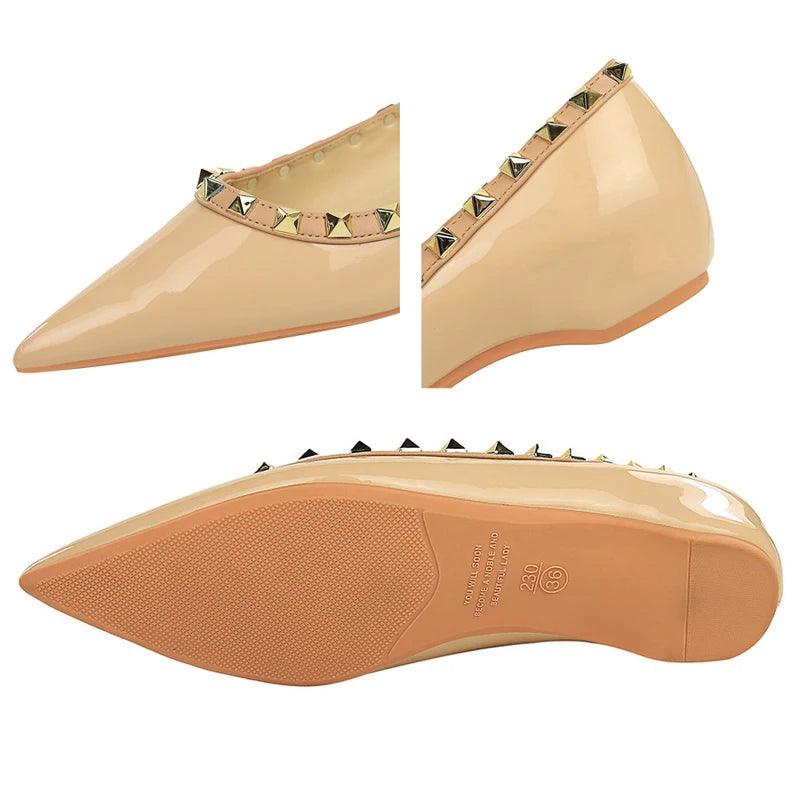 BIGTREE Shoes Lady Rivet Decoration Low Heeled Women Shoes Patent Leather Ladies Shoes Wedge Heels Pointed Tip Low Heel Female