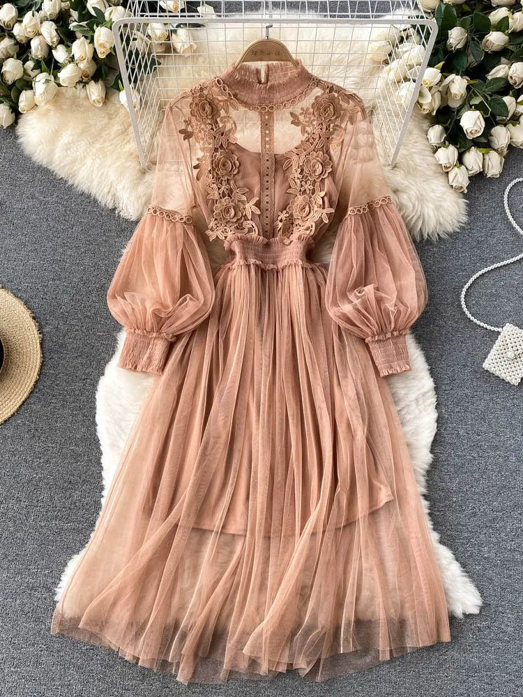 Ladies Dress Three-dimensional Flower See Through Mesh Temperament Stand Collar Lantern Sleeve High Waist Slim Female Dresses