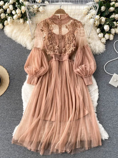 Ladies Dress Three-dimensional Flower See Through Mesh Temperament Stand Collar Lantern Sleeve High Waist Slim Female Dresses
