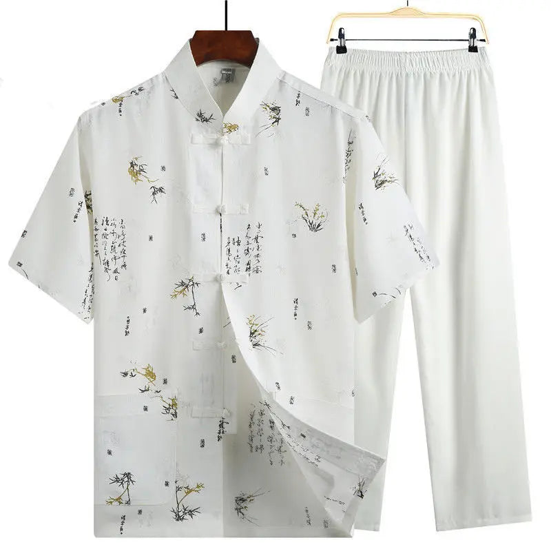 Men's Red Two-piece Summer Set: A Short Jacquard Shirt in Chinese Style Paired with Elastic-waist Pants. White, Gray, Beige-Blue