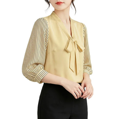 ZANZEA Women's Elegant Bow Tie Neck Blouses Summer Striped 3/4 Puff Sleeve Patchwork Casual Tops Office Commute Blusas de Mujer
