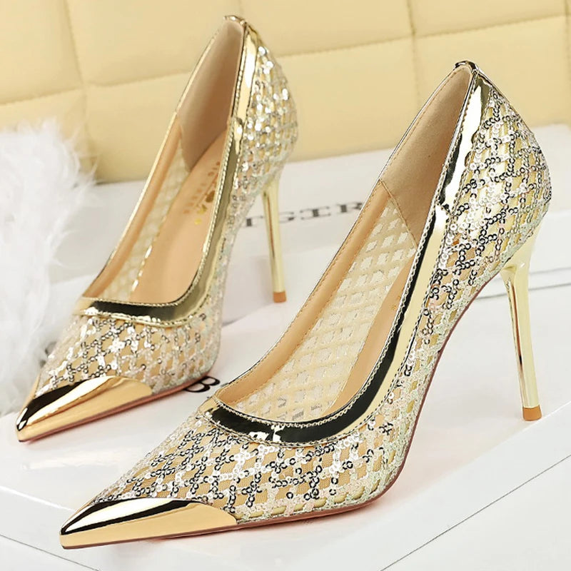 Luxury High Heels Sequin Mesh Women Pumps Metal Pointed Tip Women Heels 9.5 CM Stiletto Fashion Banquet Shoes Sexy Party Shoes