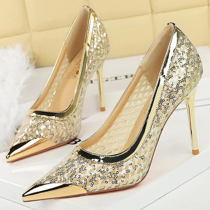 Luxury High Heels Sequin Mesh Women Pumps Metal Pointed Tip Women Heels 9.5 CM Stiletto Fashion Banquet Shoes Sexy Party Shoes