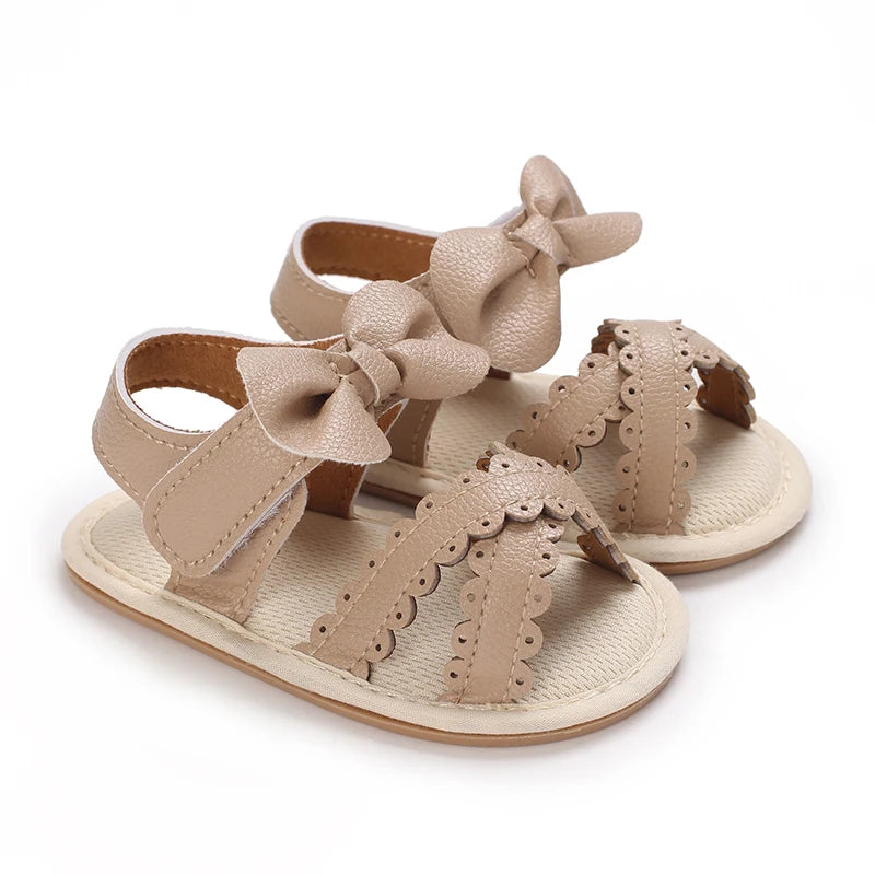 Summer 0-18M Female Baby Apricot Sandals Bow High Quality Soft Bottom Anti slip Breathable First Walking Shoes