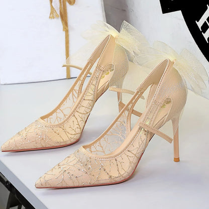BIGTREE Shoes Sexy Hollow Lace Mesh Women Pumps Bowknot High Heels Pointed Tip Stiletto Heels 9.5 cm Sexy Party Shoes Women Pump