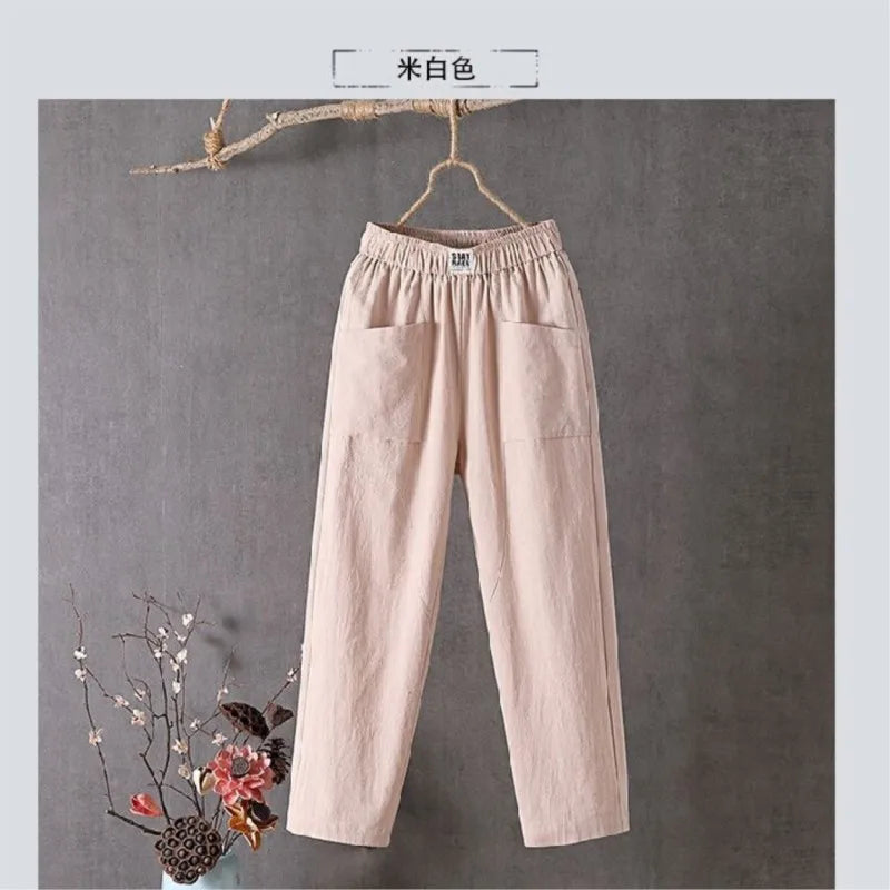 Cotton and Linen Casual Pants For Women Korean Style Solid Loose Straight Pants Summer Thin Nine-Point Harem Pants White Red