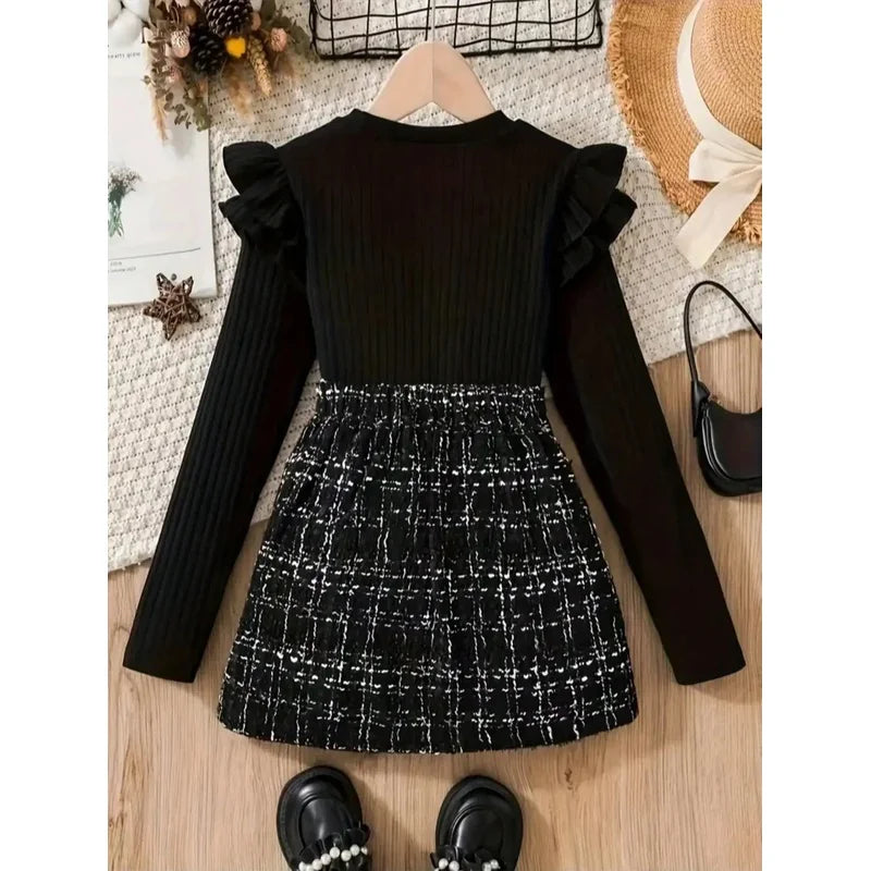 Two piece set: Unique ruffle edge length sleeve top+twill knit skirt, popular style, suitable for daily travel