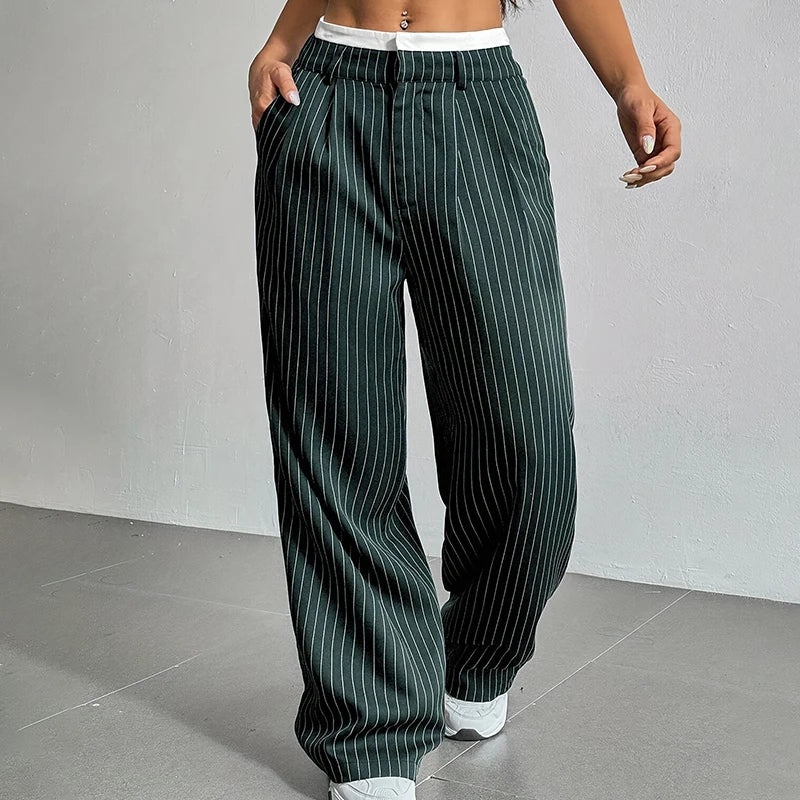 High Waist Stripe Printed Spliced Suit Trousers Women Casual Loose Straight Wide Pants Simple All-Match Draped Full Length Pants