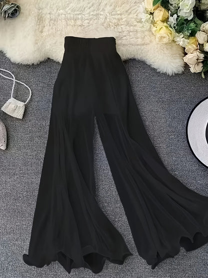 Summer solid color chiffon wide leg pants for women, high waisted, elastic waistband, flowing and slimming, casual pants