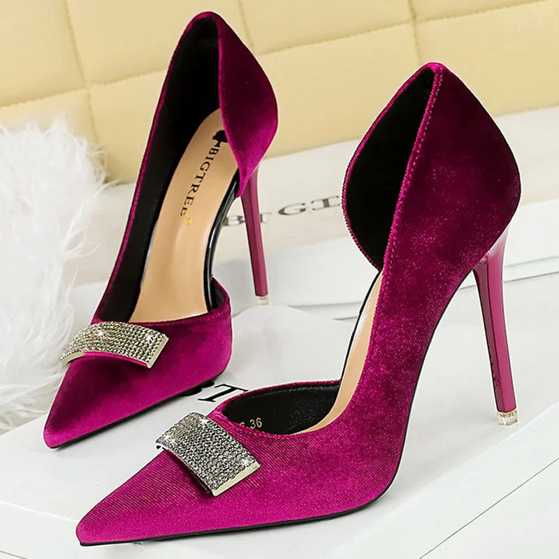 BIGTREE Shoes Sexy Women Pumps Metal Rhinestone High Heels Pointed End Stilettos Women 10.5 cm Heels Fashion Office Shoes 2026