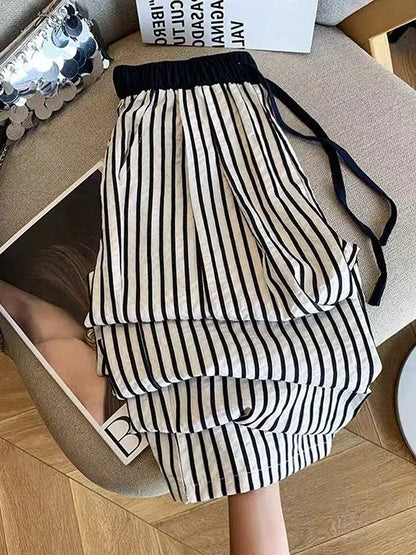 GIBSIE Plus Size Striped Drawstring Wide Leg Pants Women Summer 2026 New Fashion High Waisted All-Match Casual Female Trousers