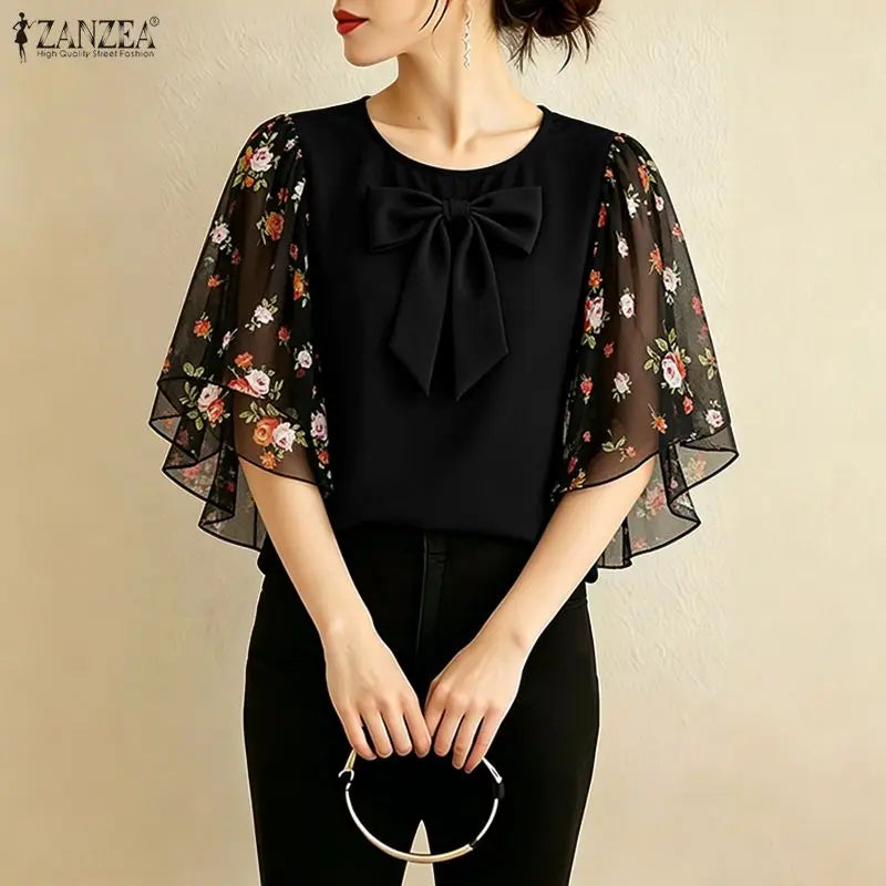 ZANZEA Women's Bow Detail Blouses Elegant O-Neck Floral Printed Chiffon Patchwork Sleeves Tops Summer Daily Wear Blusas de Mujer