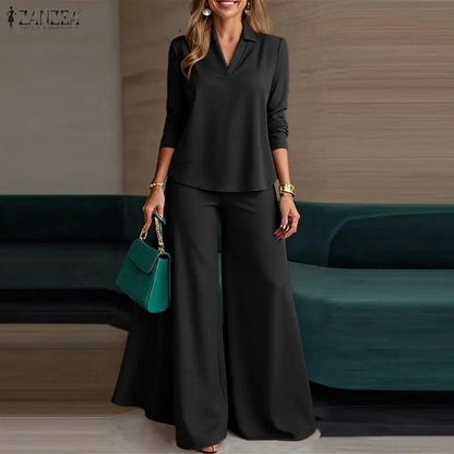ZANZEA Fashion Women 2 Piece Pant Sets Minimalist V-Neck Long Sleeve Blouses and Wide Leg Pants Suits Commuting Woman Outfits