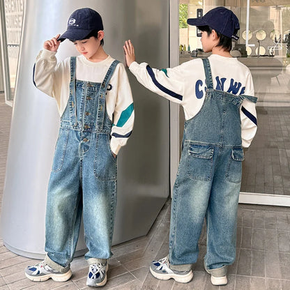 Kids Denim Jumpsuit Dungarees For Teenage Boys Fashion Streetwear Overalls Child Strap Jeans Suspenders Bib Pants Cowboy Clothes