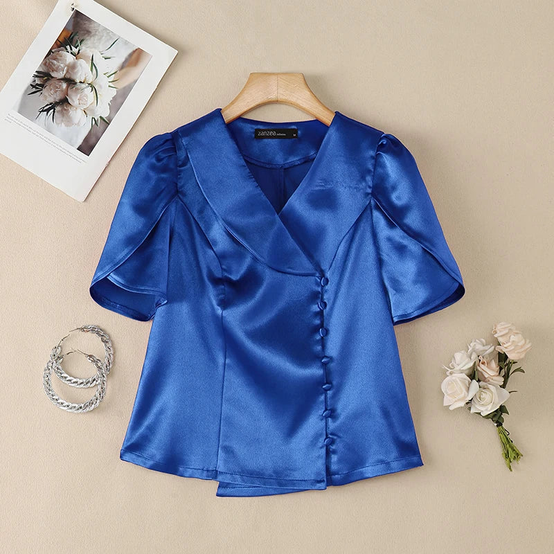 ZANZEA Woman Elegant Satin Shirts Summer Lapel Collar Asymmetric Placket Short Petal Sleeve Tops Vintage Party Chemises Femme