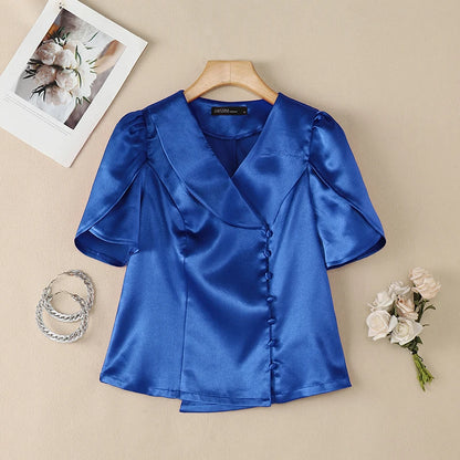 ZANZEA Woman Elegant Satin Shirts Summer Lapel Collar Asymmetric Placket Short Petal Sleeve Tops Vintage Party Chemises Femme