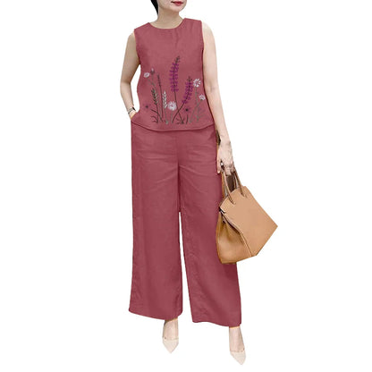 Fashion 2PCS Summer Outfits ZANZEA Sleeveless Embroidery Blouse Pant Sets Women Work OL Matching Sets Casual Holiday Tracksuits