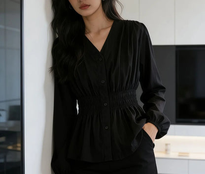 200 Pounds Plus Size Elastic Waist Summer Shirt And Blouse  Solid Top Women's New In Clothes Simple V-neck French