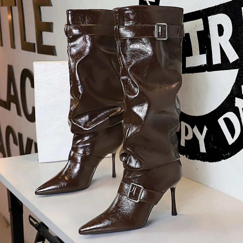 BIGTREE Shoes Sexy Stiletto Women Knee High Boots Pointed High-heeled Boots Belt Buckle Design Long Boots Pleated Leather Boots