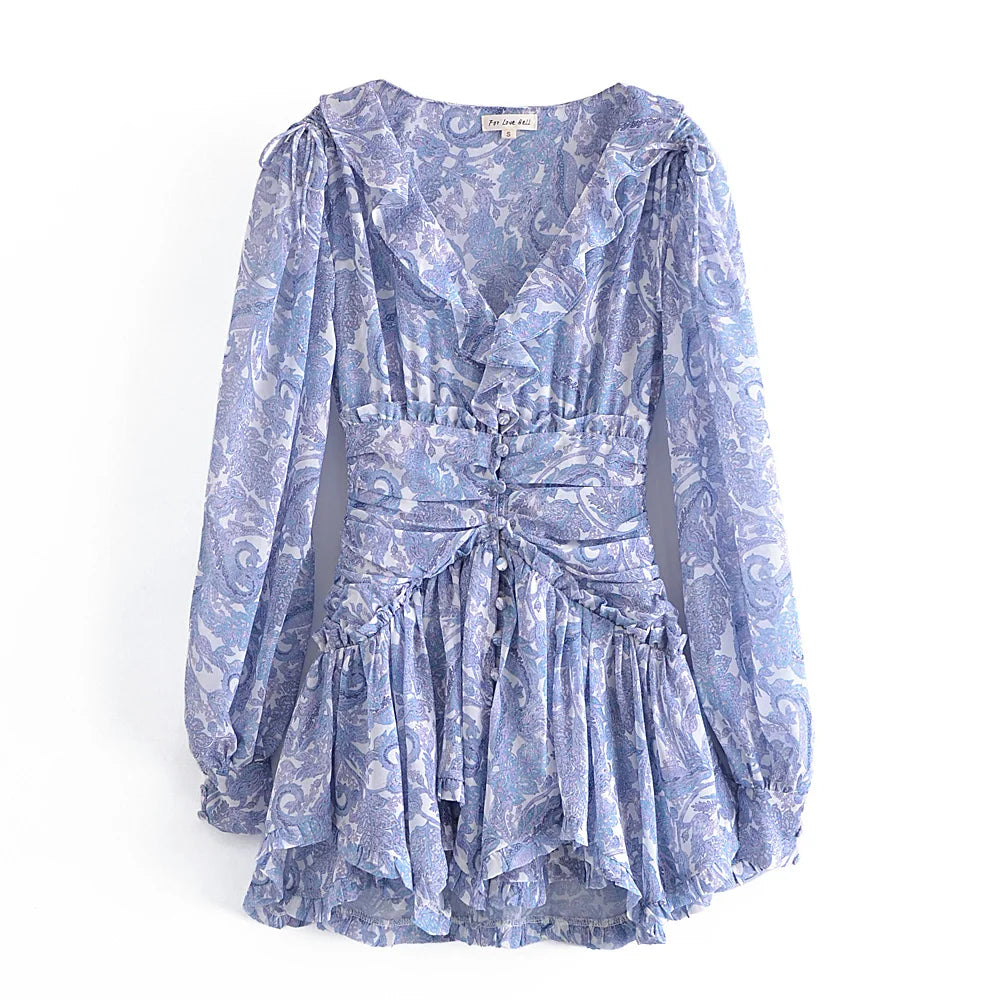 Blue Floral Print Chiffon Mini Dress Women Wood Ears Ruffles V Neck Open Buttons Slim Ruched Waist Long Sleeve Holiday Robe