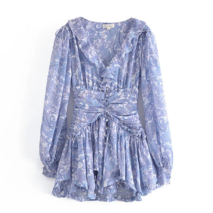 Blue Floral Print Chiffon Mini Dress Women Wood Ears Ruffles V Neck Open Buttons Slim Ruched Waist Long Sleeve Holiday Robe