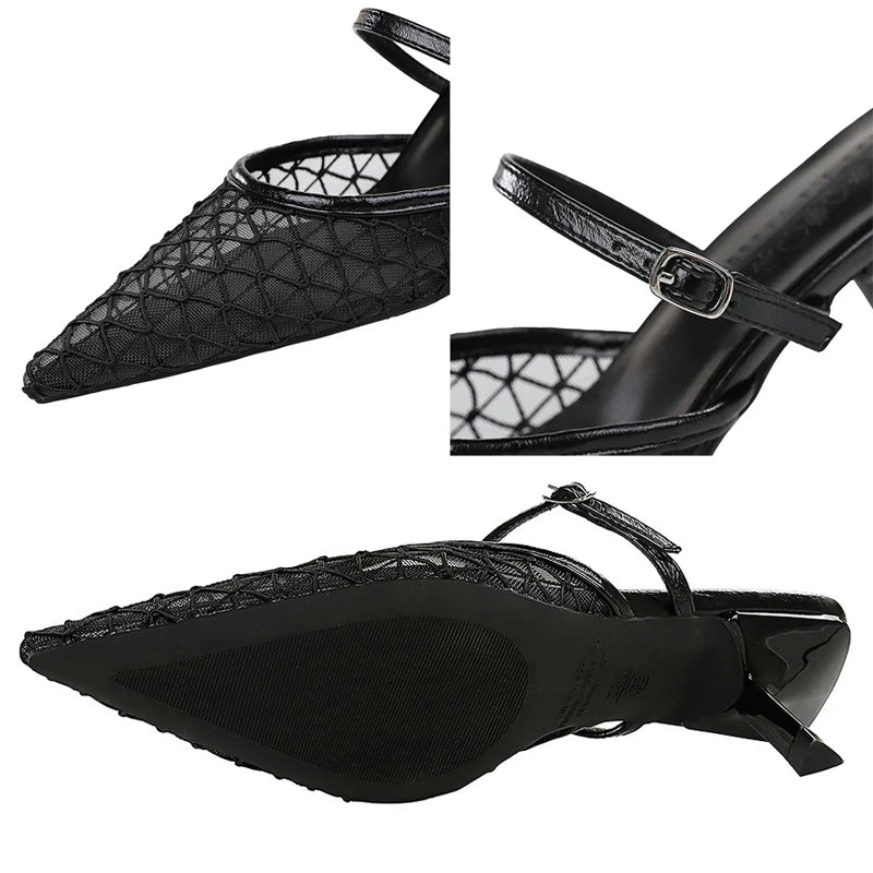 BIGTREE Shoes Mesh Lace Pointed Women Sandals Buckle Kitten High Heels Stiletto Summer Sexy Half Slipper Women Shoes Breathable