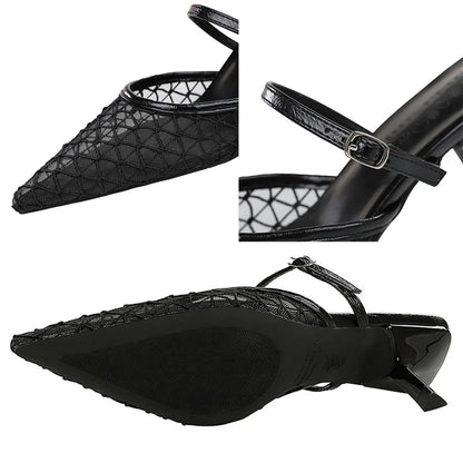 BIGTREE Shoes Mesh Lace Pointed Women Sandals Buckle Kitten High Heels Stiletto Summer Sexy Half Slipper Women Shoes Breathable