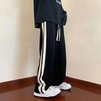 2025 Korean Fashion Wide Leg Pant Women Loose Casual Striped High Waist Woman Hiphop Elastic Waists Pocket Straight Pants