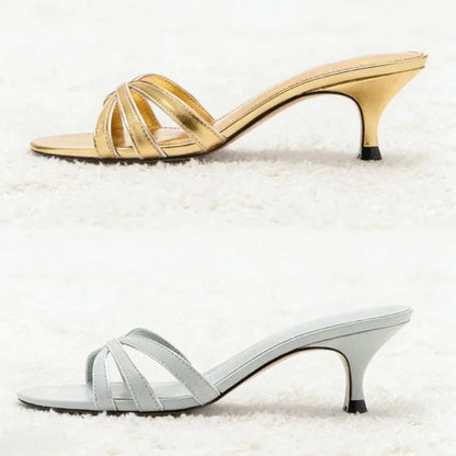 Elegant Kitten Heel Gold Women's Slippers Sexy Open-Toe Slide Sandals for Ladies Street Style Summer Comfortable Beach Sandals