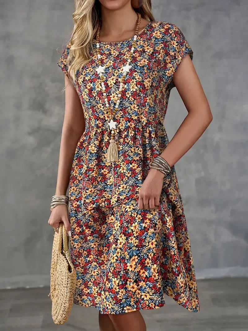 Women's Summer Floral Print Short-Sleeved Round Neck Dress, Casual Loose Vacation Style Dress