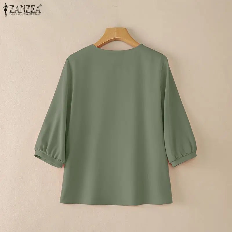 ZANZEA Summer Woman Elegant Daily Casual Blouses 3/4 Puff Sleeve V-Neck Solid Color Blusas de Mujer Minimalist Day Wear Tops