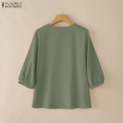 ZANZEA Summer Woman Elegant Daily Casual Blouses 3/4 Puff Sleeve V-Neck Solid Color Blusas de Mujer Minimalist Day Wear Tops