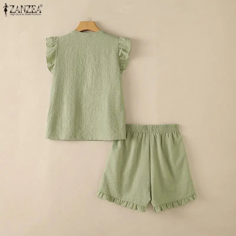 ZANZEA Women's Seersucker Grid Short Sets Ruffles Sleeves Tops & Elastic Waist Shorts 2-Piece Sets Summer Casual Daily Co-ords