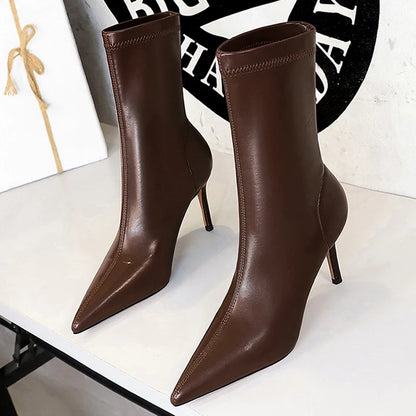 BIGTREE Shoes 2026 New Women Mid-Calf Boots Pointed Toe High-heel Boots Stiletto Heels Leather Boots Fashion Autumn Winter Boots