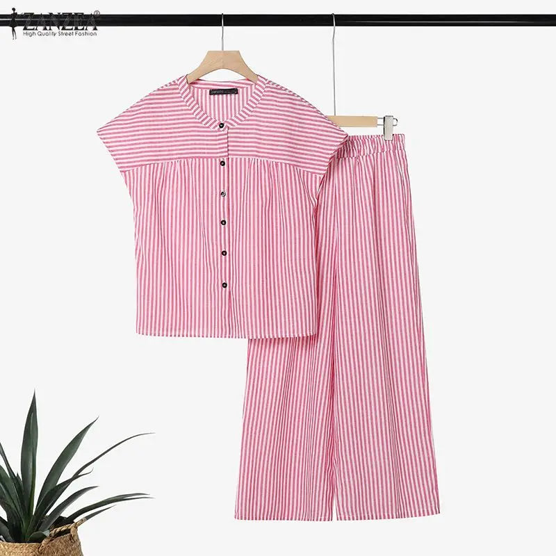 Summer Women Pant Sets Fashion ZANZEA 2PCS Stripe Two-piece Outfits Short Sleeve Tops Wide Leg Pants Streetwear Matching Sets