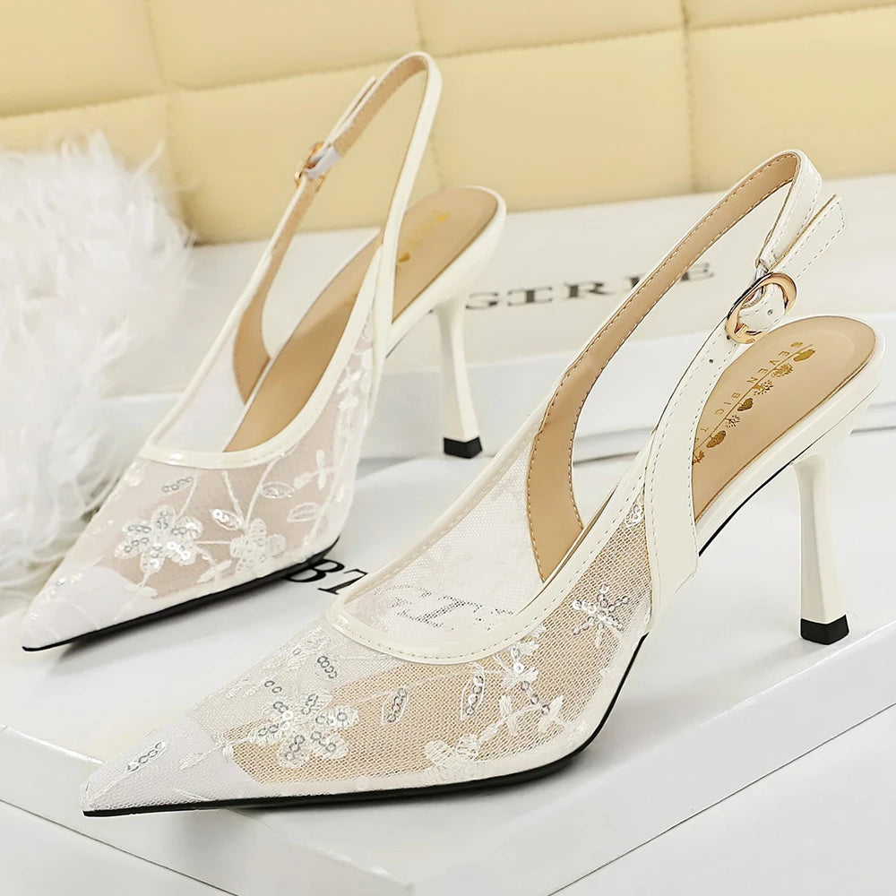 Luxury Women 8 Cm Heels Sandals Women Pumps Lace Mesh High Heels Sequin Stiletto Sexy Party Shoes Summer Ladies Sandals Fashion