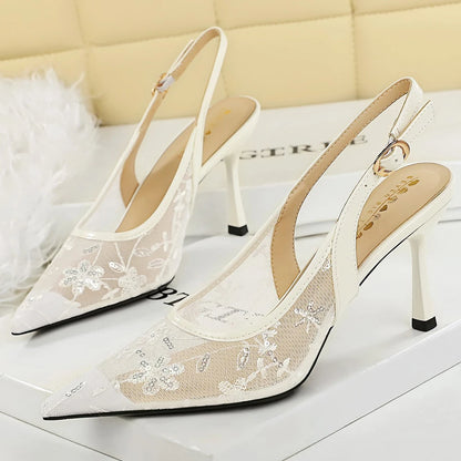 Luxury Women 8 Cm Heels Sandals Women Pumps Lace Mesh High Heels Sequin Stiletto Sexy Party Shoes Summer Ladies Sandals Fashion