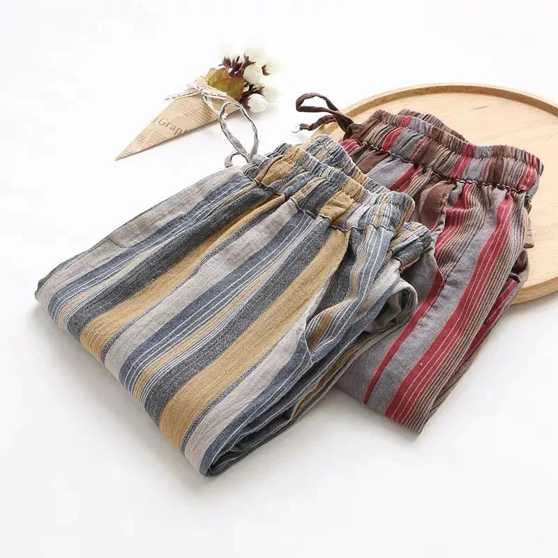 Striped Vintage Elastic High Waist Lace Up Cotton Linen Women's Pants Korean Fashion Wide Leg Ankle-Length Pants For Women 2024