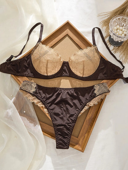 Sexy Lace Flowers Embroidery Lingerie Set for Women Ultra Thin Breathable Bra Button Decoration Underwear French Bras Thong Sets