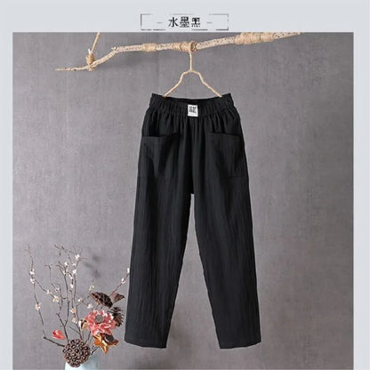 Cotton and Linen Casual Pants For Women Korean Style Solid Loose Straight Pants Summer Thin Nine-Point Harem Pants White Red